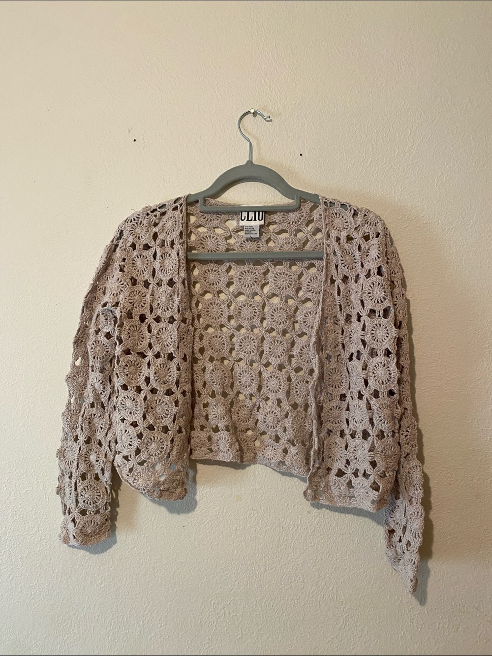 Clio Crochet Open-Front Cardigan in Taupe